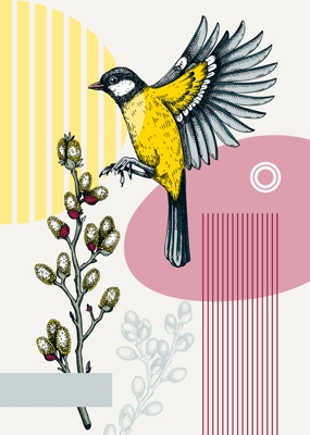 Collage style spring card or poster modern design. Flying great tit and willow branches vector sketch. Hand drawn passerine bird, floral elements and geometric shapes. Trendy wildlife illustration.